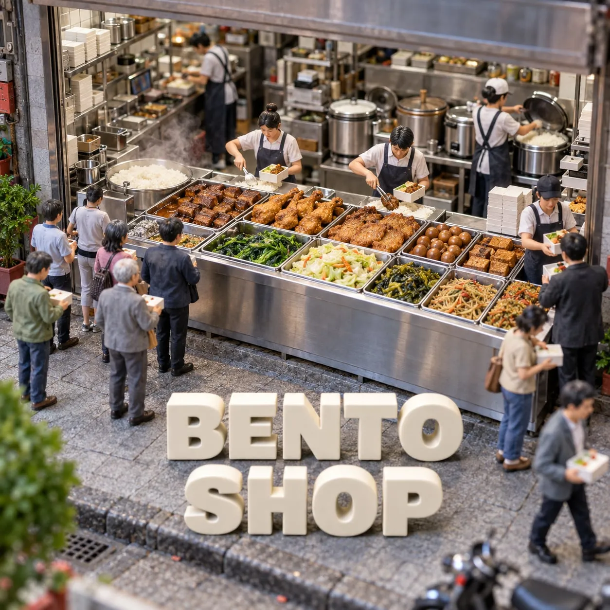 A Taiwanese bento shop counter lined with trays of side dishes