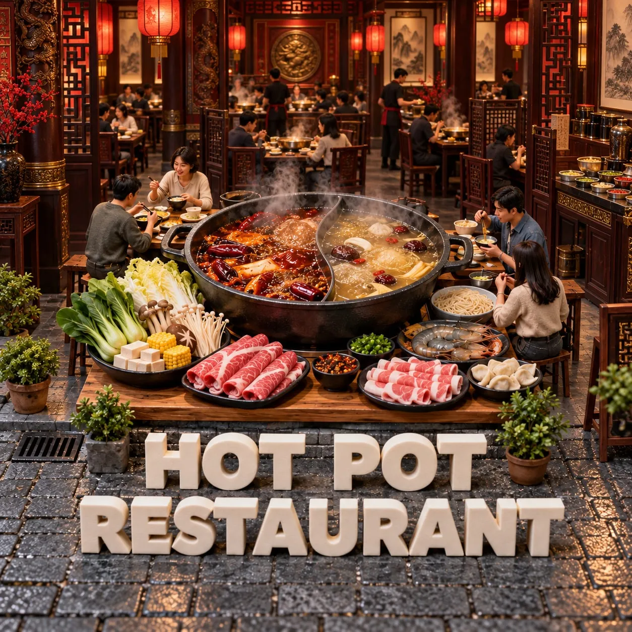 A Taiwanese hot pot restaurant with a split broth pot and plates of meat and vegetables