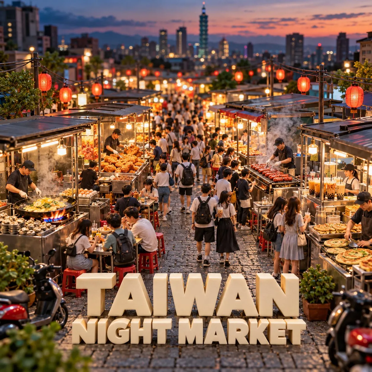 A busy Taiwanese night market at dusk, with food stalls lining a crowded street